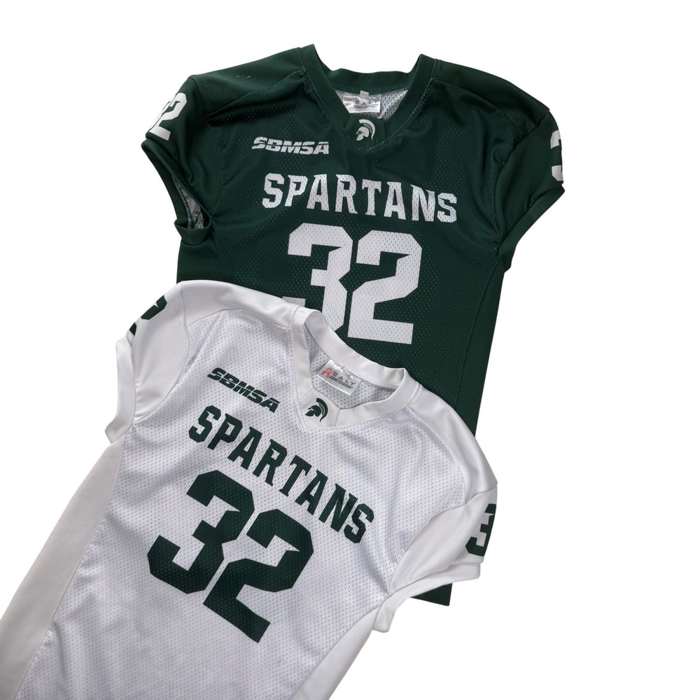 SBMSA Spartans Football Jersey Lot 2 TX Donnell 32 Green White Youth Mesh L/XL